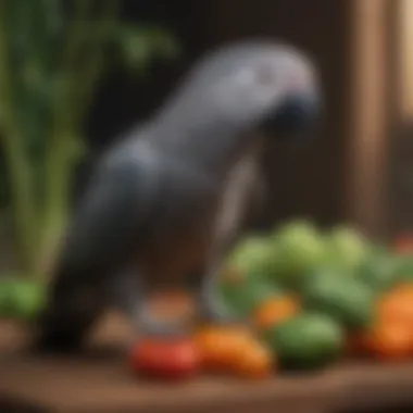 Fresh vegetables laid out for feeding African Grey Parrots