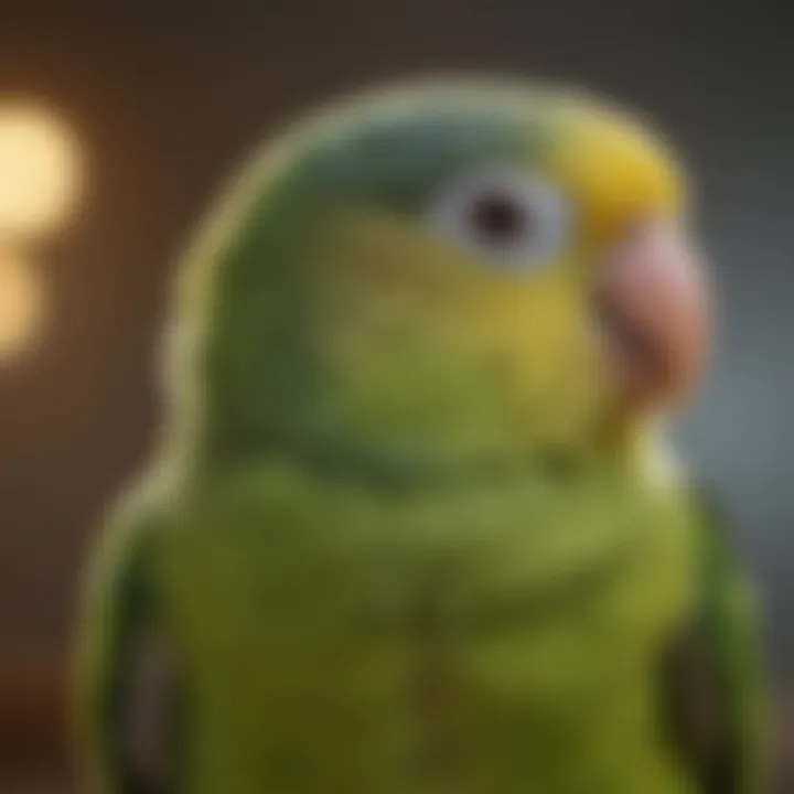 A close-up of a parakeet in a natural setting, exhibiting signs of health.