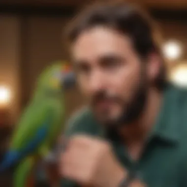 Owner and Parrot Interaction An owner interacting playfully with a parrot