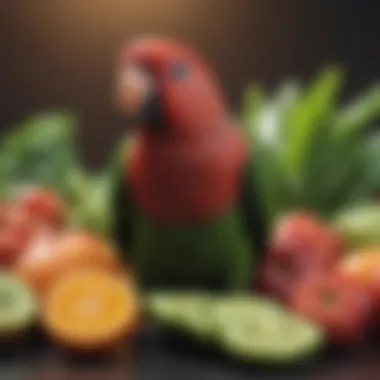 Close-up of Eclectus parrot feeding on fresh fruits and vegetables.