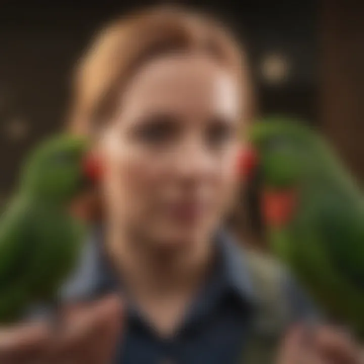 Eclectus parrot interacting with its owner, highlighting social engagement.