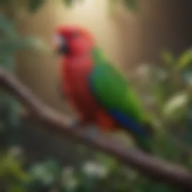 Vibrant Eclectus parrot perched on a branch showcasing its colorful plumage.