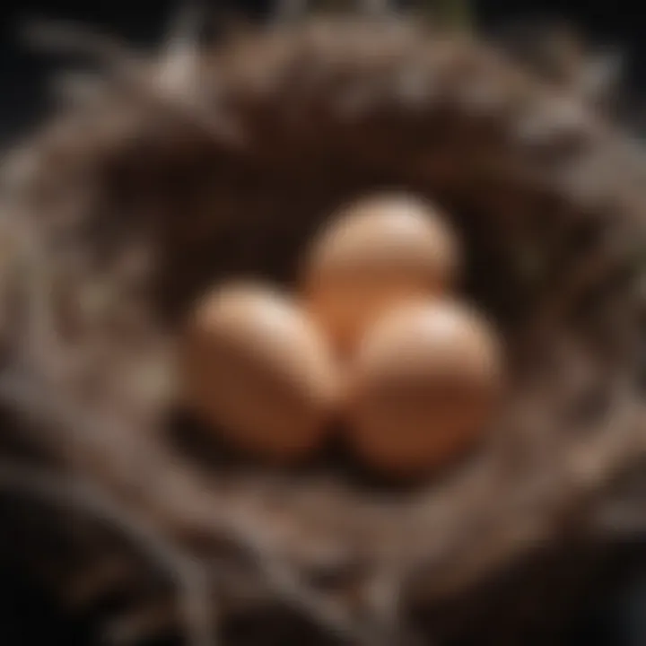 Close-up of bird eggs in a nest, representing reproductive habits.