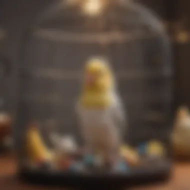 Well-Equipped Cockatiel Cage A spacious and well-equipped cockatiel cage filled with toys and perches