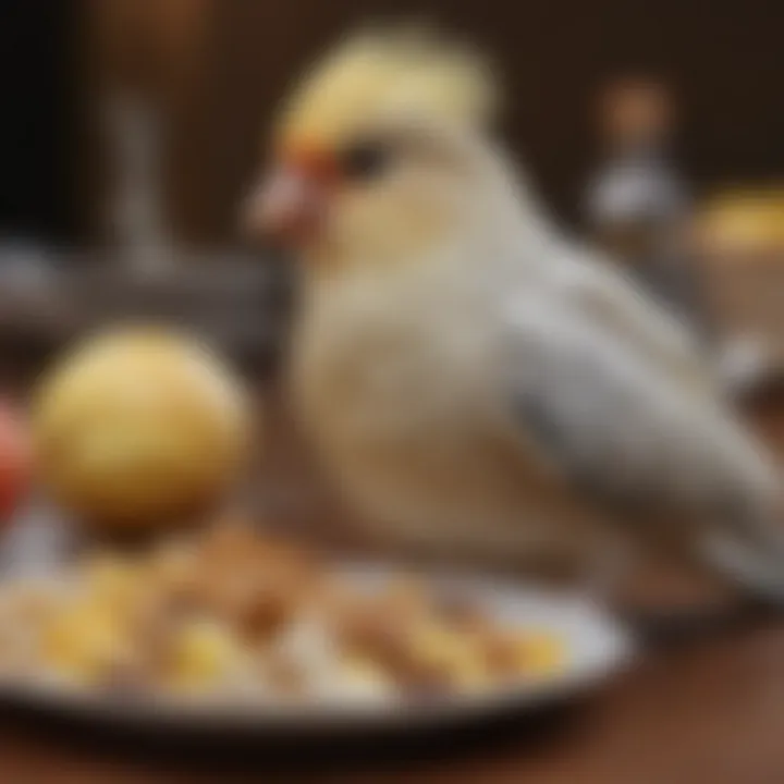 An array of nutritious cockatiel food, emphasizing a balanced diet