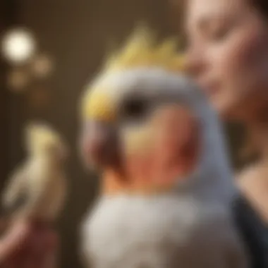 Cockatiel Engaging with Its Owner A cockatiel engaging playfully with its owner, highlighting their social nature