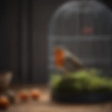 A vibrant and lively small bird interacting with its surroundings inside an extra small bird cage.