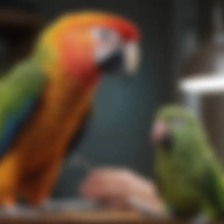 A veterinary professional examining a parrot, signifying the role of health assessments in avian care.