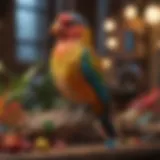 A vibrant pet bird perched on a cozy habitat, showcasing its colorful feathers.