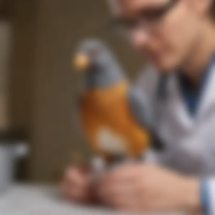 A veterinarian examining a pet bird, illustrating the importance of regular health check-ups.