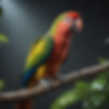 A vibrant parrot perched on a branch, showcasing its feathers