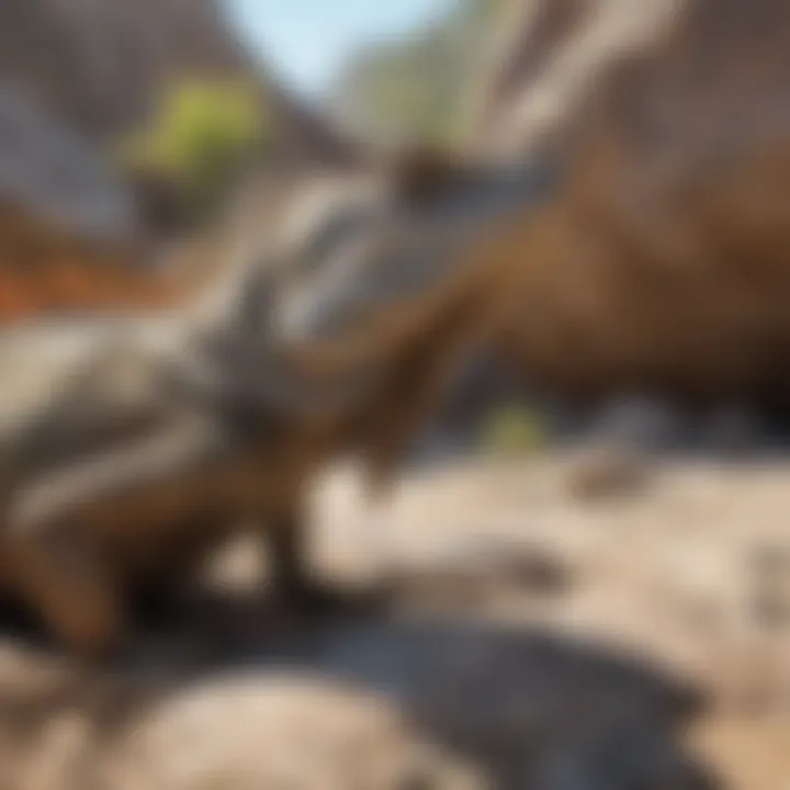 Close-up of an iguana basking near a heat rock to regulate body temperature.