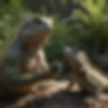 An iguana owner monitoring the habitat temperature with a digital thermometer.