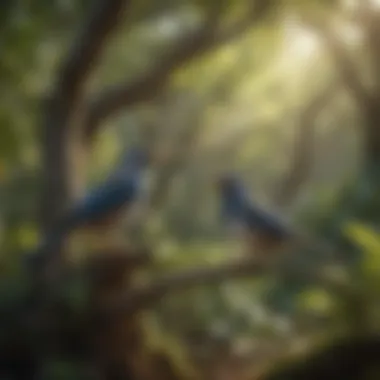 Avian Habitats: Java Trees in Nature Birds interacting with Java trees in a garden setting