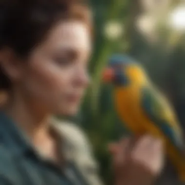 A pet bird interacting with its owner in a loving environment