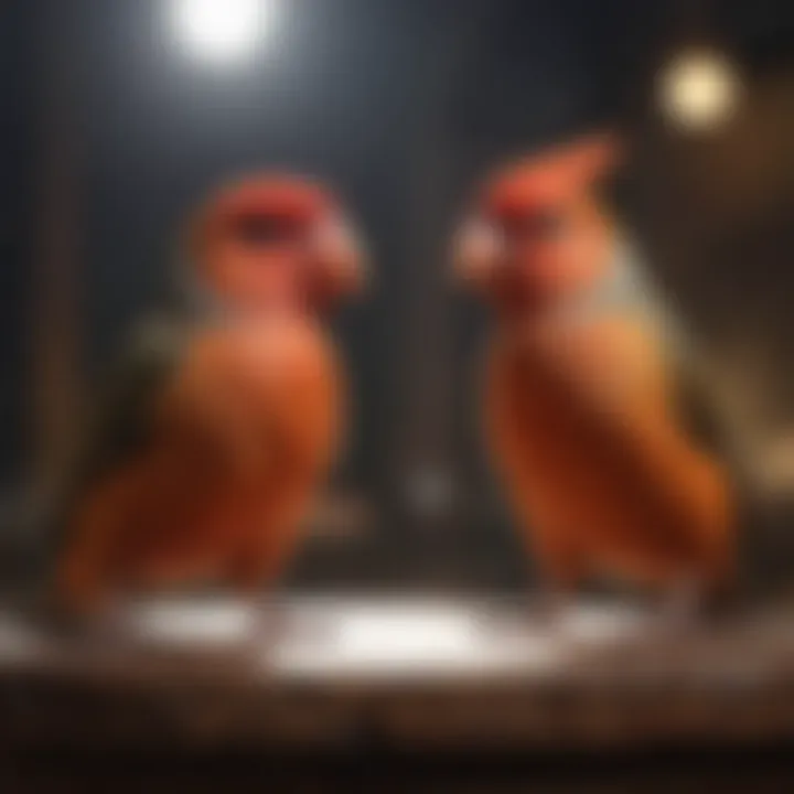 A pair of pet birds exhibiting competitive behavior