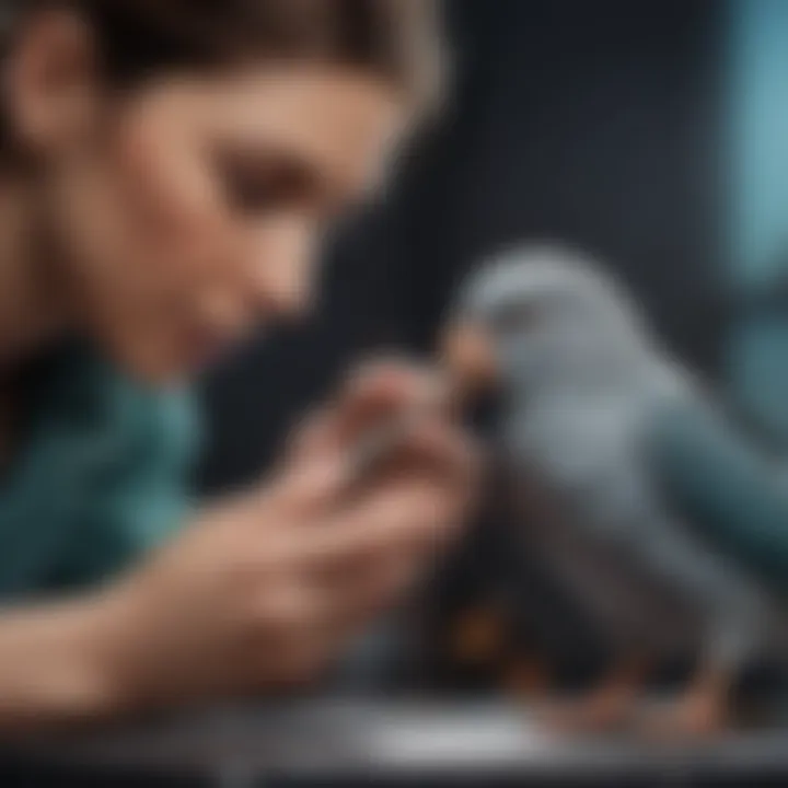 An avian vet examining a pet bird