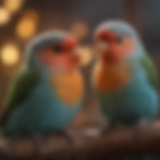 A vibrant pair of love birds engaging in playful interaction within their habitat.