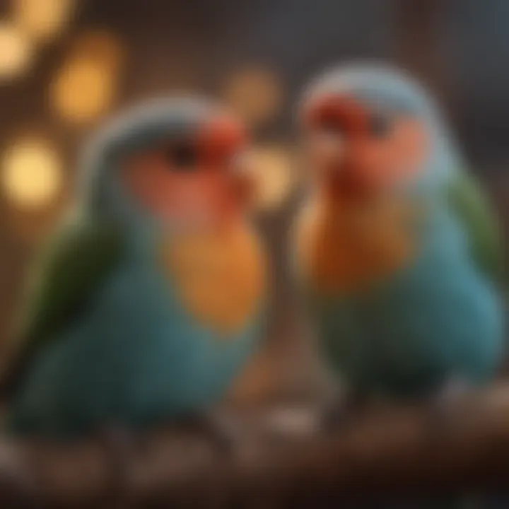 A vibrant pair of love birds engaging in playful interaction within their habitat.