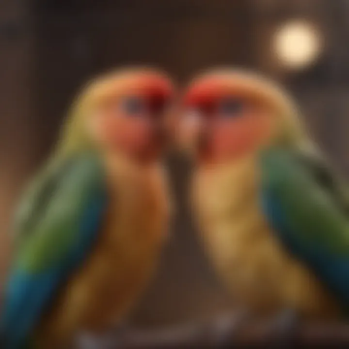 Close-up of love birds perched closely together, emphasizing their social bonding.