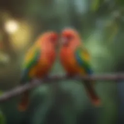 Colorful lovebirds perched on a branch