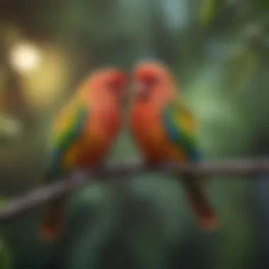 Vibrant Lovebirds in Their Natural Habitat Colorful lovebirds perched on a branch