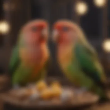 Lovebirds playing with toys in their cage