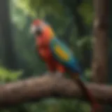 Brightly colored macaw perched on a natural wood branch