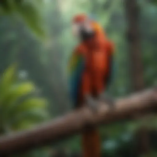 A vibrant macaw perched on a branch, showcasing its colorful feathers.