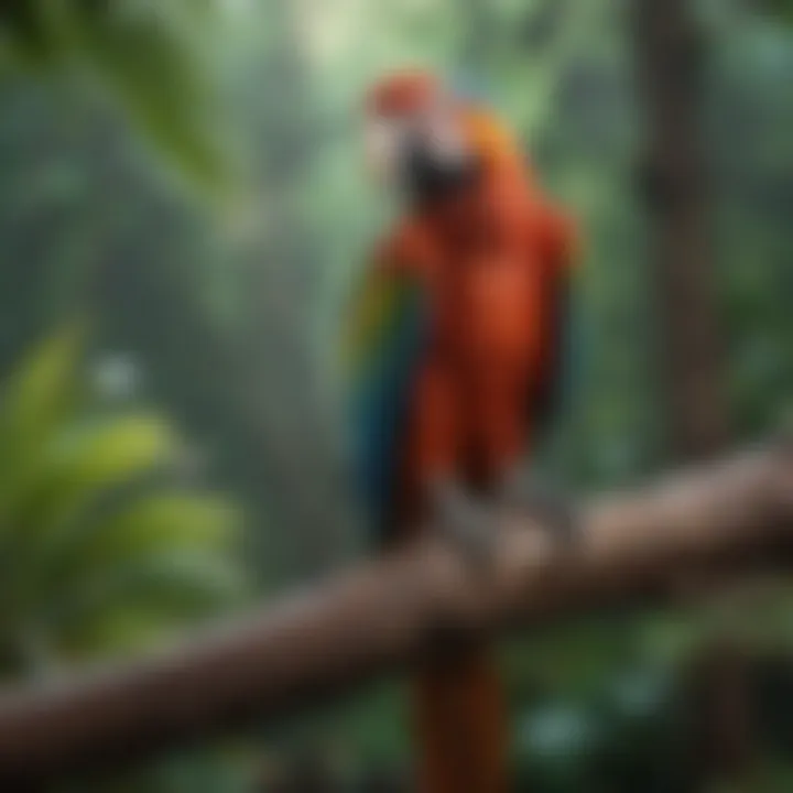 A vibrant macaw perched on a branch, showcasing its colorful feathers.