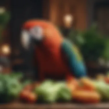 A close-up of a macaw enjoying fresh vegetables