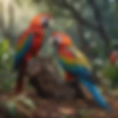 A serene natural habitat showcasing macaws foraging