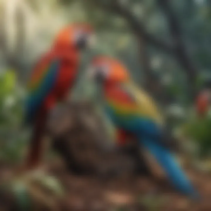 A serene natural habitat showcasing macaws foraging