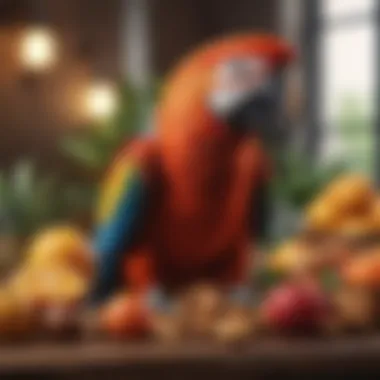 A vibrant macaw perched among assorted fruits and nuts