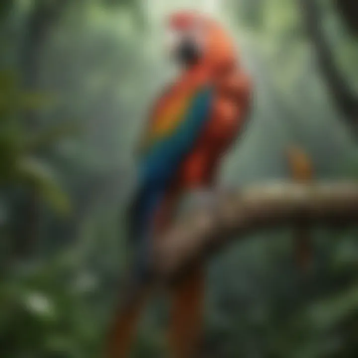 An array of different macaw species in a lush environment, highlighting their diversity.