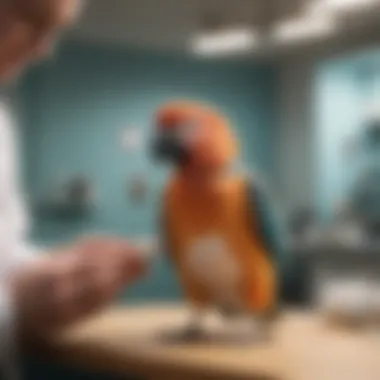 A pet bird receiving care from a veterinarian in a clinic setting.