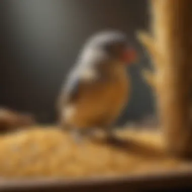 Close-up of a pet bird enjoying millet in its habitat