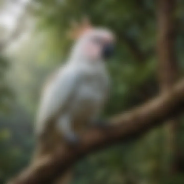 A serene landscape featuring a Moluccan cockatoo in a natural habitat, highlighting its environment.