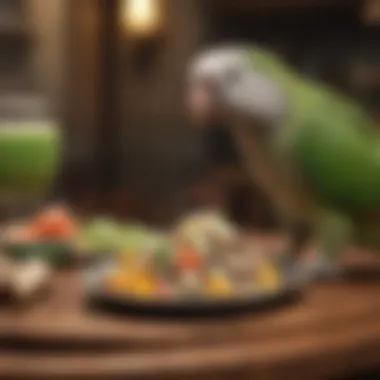 A monk parrot enjoying a varied meal