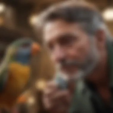 A close-up of a bird owner gently interacting with their pet bird