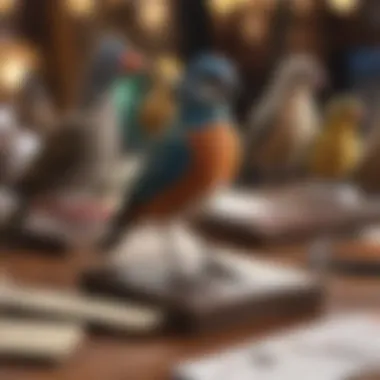 An array of bird name tags displayed on a table