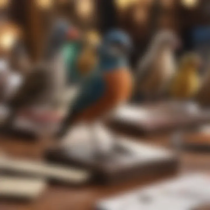 An array of bird name tags displayed on a table