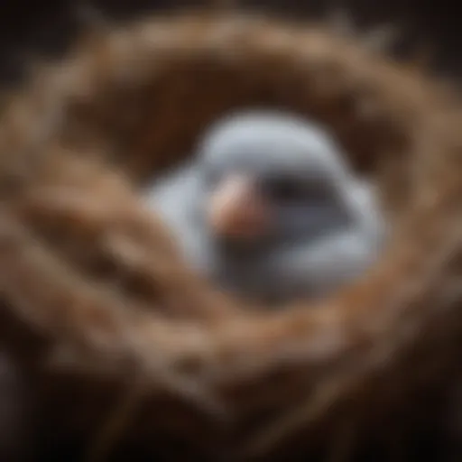 A close-up of a newborn pet bird nestled in its nest, showing its delicate features and soft feathers.