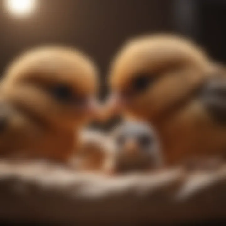 Two newborn birds interacting with each other, demonstrating the importance of socialization and bonding.