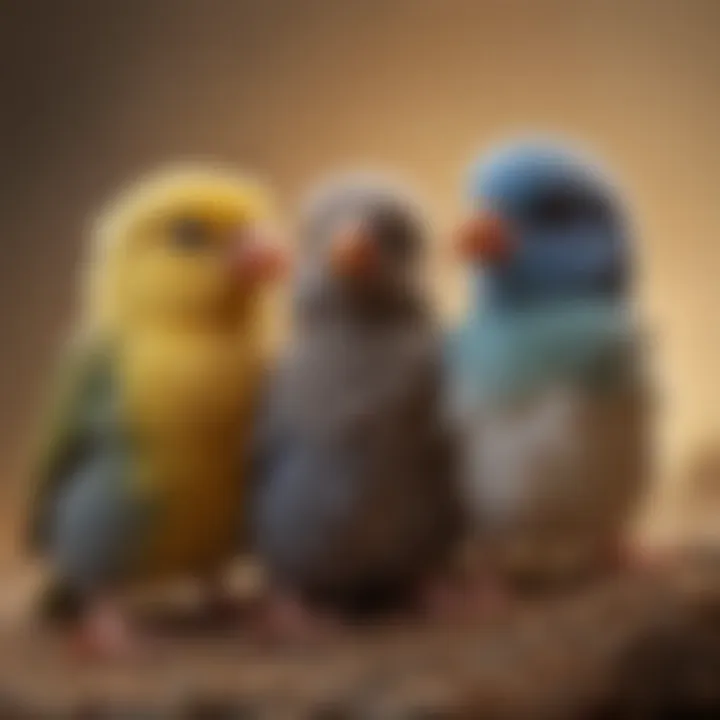 A variety of bird species, highlighting their unique characteristics and colors, representing diversity among newborn pet birds.