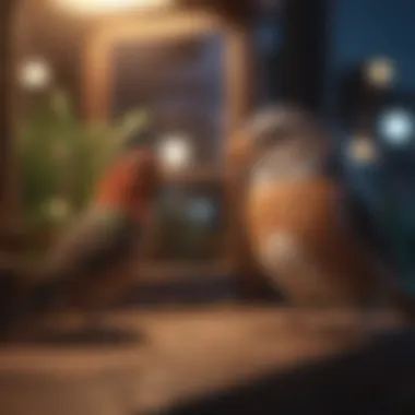 A pet owner observing their bird during the night.