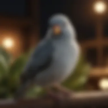 A serene nighttime setting highlighting a pet bird perched quietly.