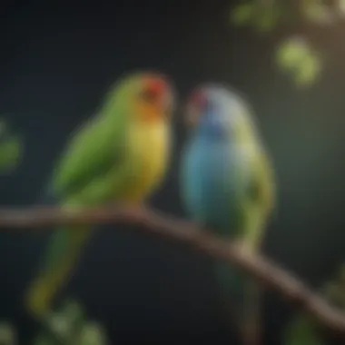 Gentle Parakeets: A Symbol of Affection Colorful parakeets perched on a branch