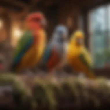 Diverse Pet Birds in a Warm Habitat A diverse group of pet birds perched comfortably in a warm environment