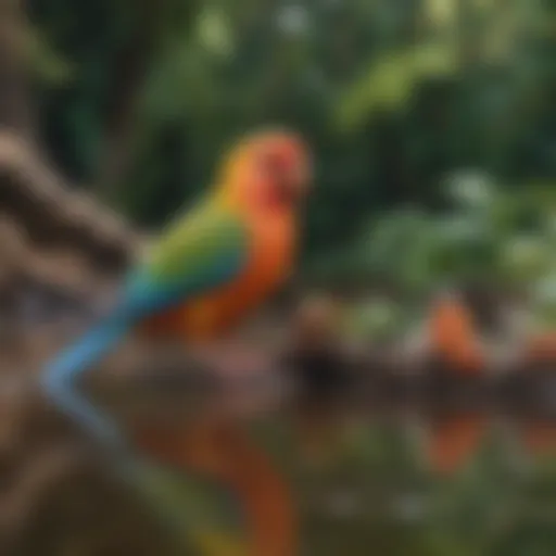 Colorful pet birds enjoying outdoor space